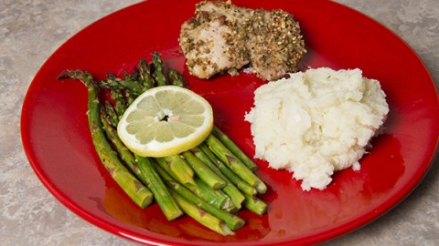 Mashed Cauliflower, Dukkah Chicken and Roasted Asparagus