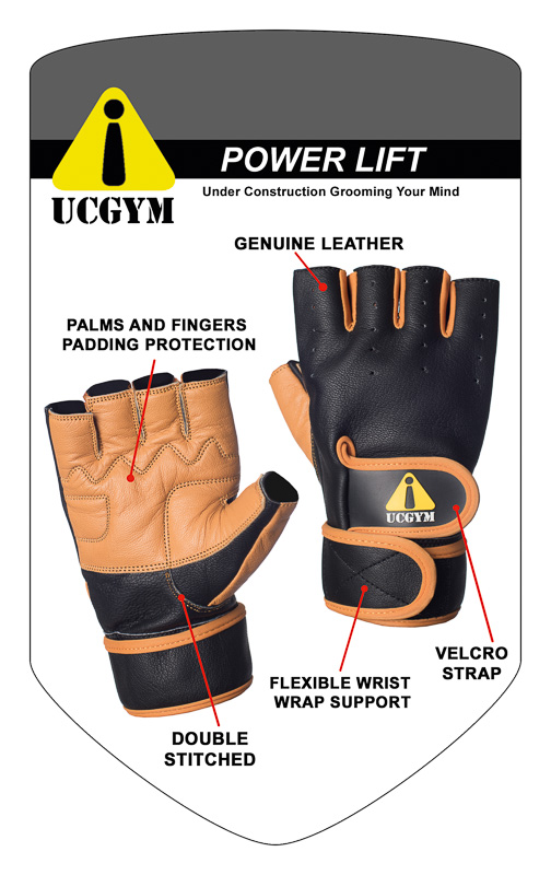 Leather Workout Gloves Power lift by Ucgym with Wrist Wraps Protection