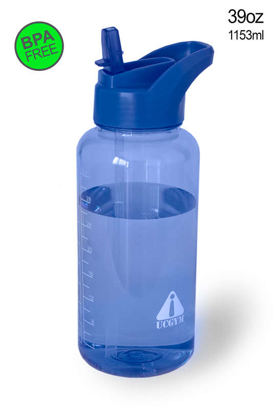 Blue Water bottle with straw, bite valve and handle