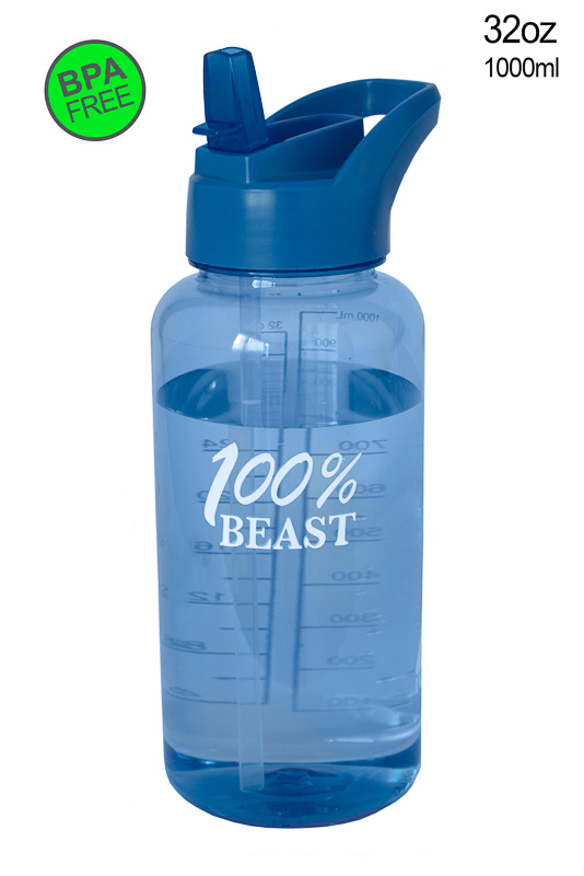 Blue UCGYM sports bottle with a straw