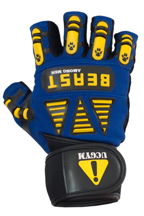 UCGYM blue workout gloves with BEAST print and knuckle guards