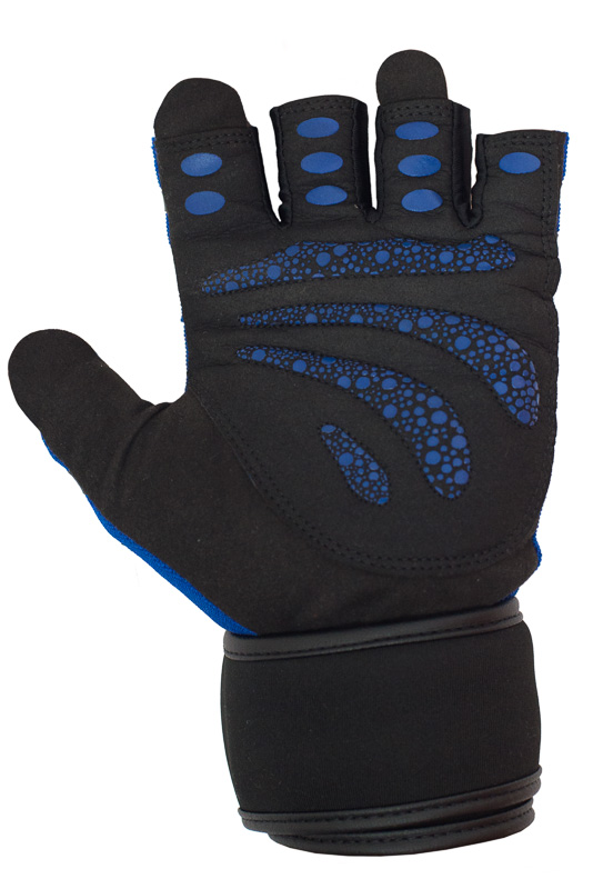 Palm side of UCGYM blue workout gloves with anti-slip grip zones