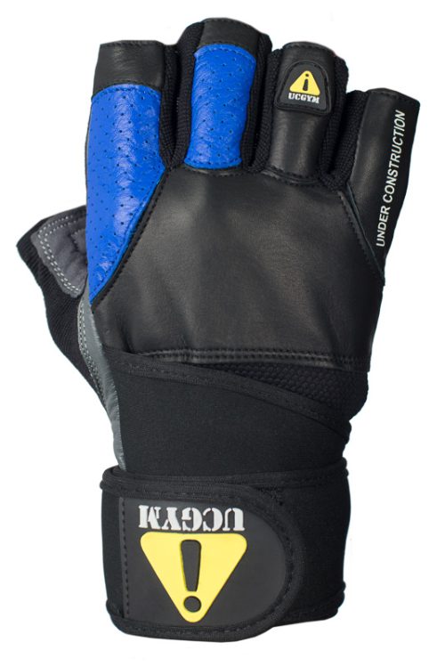 UCGYM black and blue leather workout glove front view with wrist wrap