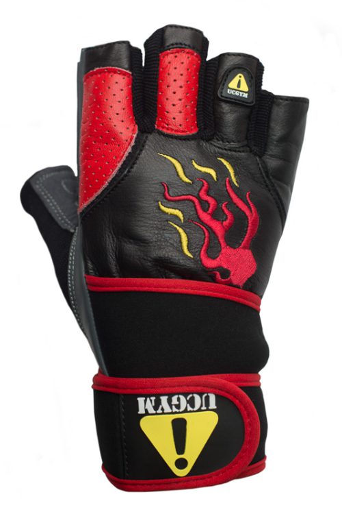 UCGYM red and black leather workout glove with fire design and wrist wrap