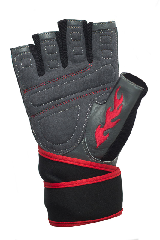 UCGYM red and grey workout glove palm with padded grip and flame embroidery