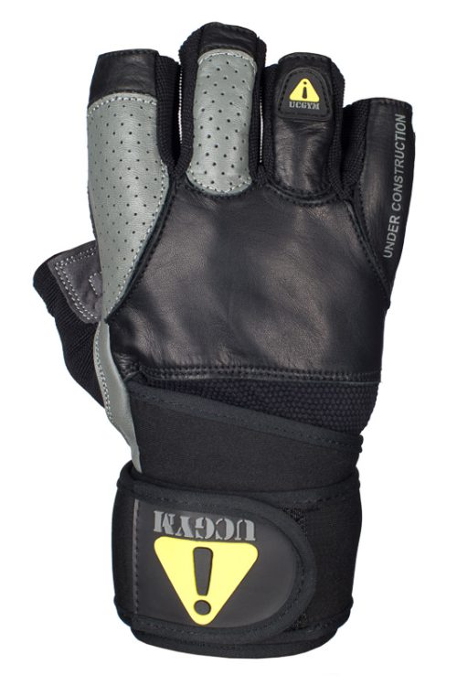UCgym black and grey leather workout gloves with wrist wrap support front view