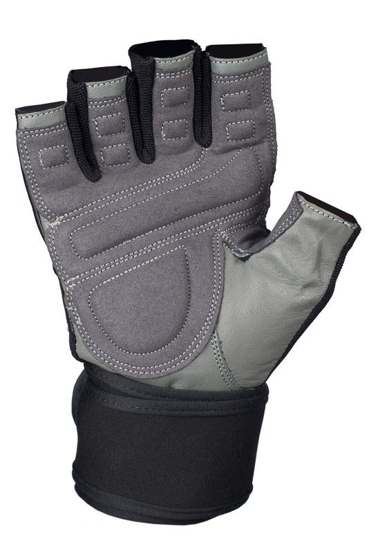 UCgym black and grey workout glove palm view with padded grip and leather finish