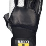 UCgym Mighty Grip black and white workout glove back view showing leather build and wrist wrap
