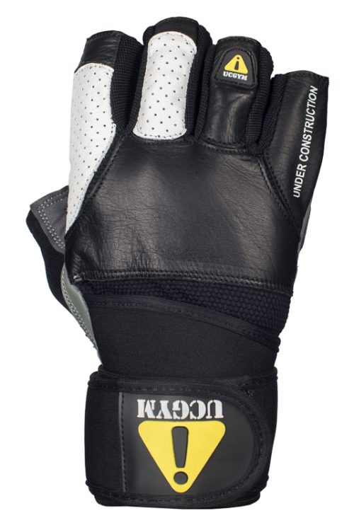 UCgym Mighty Grip black and white workout glove back view showing leather build and wrist wrap