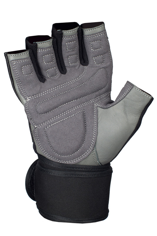 UCgym Mighty Grip men's black and white workout glove showing padded palm and wrist wrap